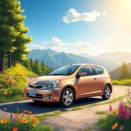 A vibrant, detailed illustration of a 2003 Toyota Duet in a beautiful and scenic outdoor setting
