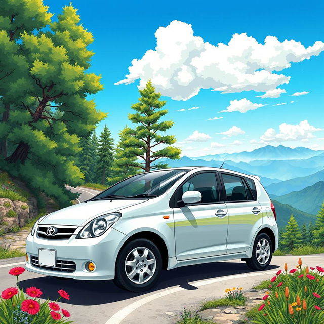 A vibrant, detailed illustration of a 2003 Toyota Duet in a beautiful and scenic outdoor setting