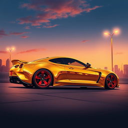A stunning, detailed illustration of a shiny golden car with bold red rims, parked in an urban setting