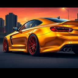 A stunning, detailed illustration of a shiny golden car with bold red rims, parked in an urban setting