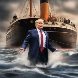 A detailed digital art piece depicting Donald Trump on the sinking RMS Titanic, saving himself by reaching out for a lifeboat