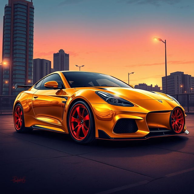 A stunning, detailed illustration of a shiny golden car with bold red rims, parked in an urban setting