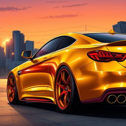 A stunning, detailed illustration of a shiny golden car with bold red rims, parked in an urban setting