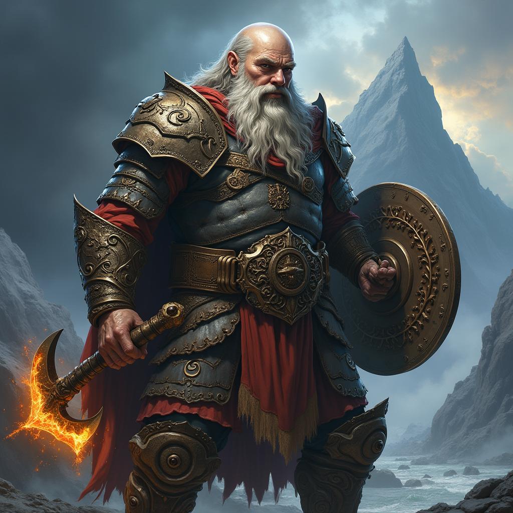 A detailed image of a snarling bald Dwarven war cleric with a grey braided beard, devoted to Clangeddin Silverbeard