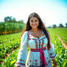A beautiful woman with long flowing hair, wearing a traditional farming dress that accentuates her features, particularly showcasing her ample cleavage
