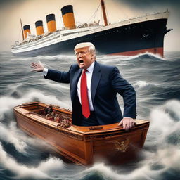 A detailed digital art piece depicting Donald Trump on the sinking RMS Titanic, saving himself by reaching out for a lifeboat