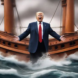 A detailed digital art piece depicting Donald Trump on the sinking RMS Titanic, saving himself by reaching out for a lifeboat