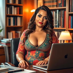 A curvy woman with big breasts, showcased in a traditional dress, sitting at a desk while engaged in work