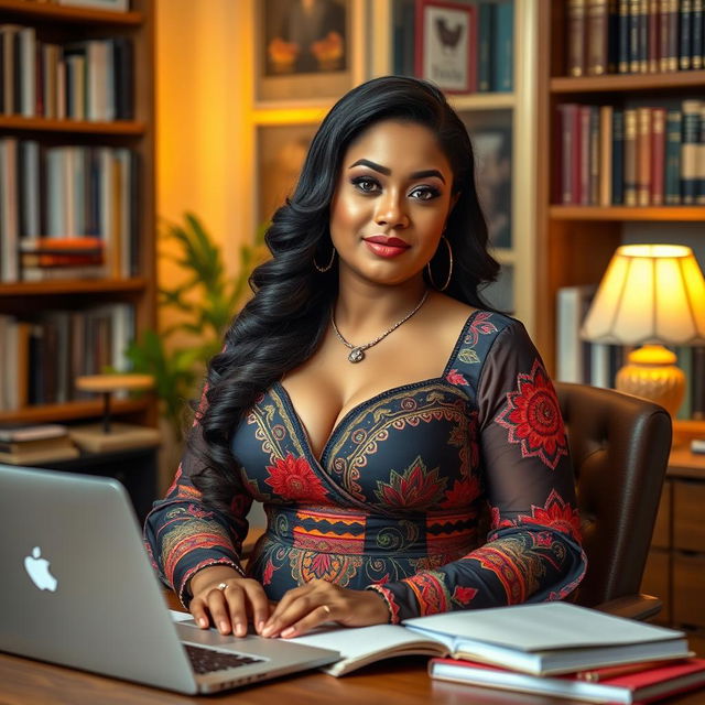 A curvy woman with big breasts, showcased in a traditional dress, sitting at a desk while engaged in work