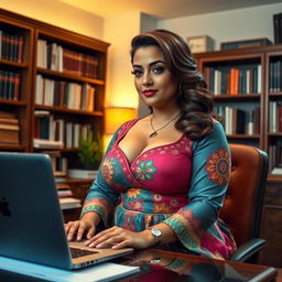 A curvy woman with big breasts, showcased in a traditional dress, sitting at a desk while engaged in work