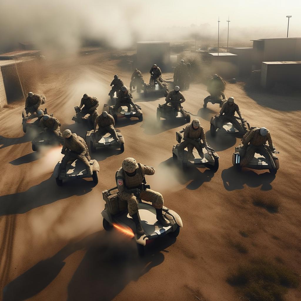 aerial view 10 combatants, in military camouflage flying in the air on hover-boards, all combatants are armed with assault rifles and clad in skeleton face mask and normal bullet proof vests