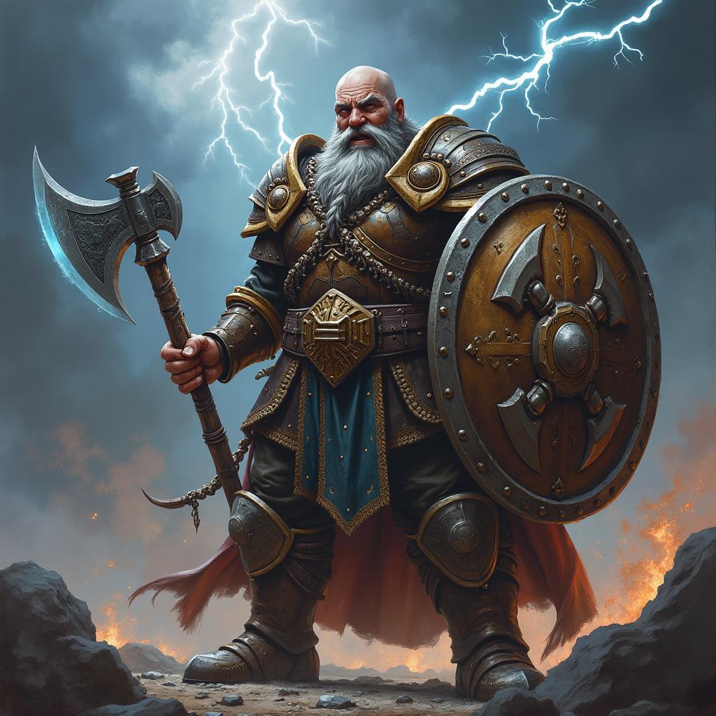 A detailed image of a snarling bald Dwarven war cleric with a grey braided beard, embodying a powerful follower of Clangeddin Silverbeard