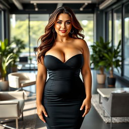 A curvy woman with big breasts is standing confidently in an office setting, wearing a sexy, form-fitting dress that accentuates her curves and features visible cleavage