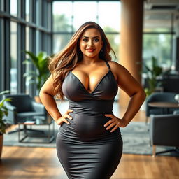 A curvy woman with big breasts is standing confidently in an office setting, wearing a sexy, form-fitting dress that accentuates her curves and features visible cleavage
