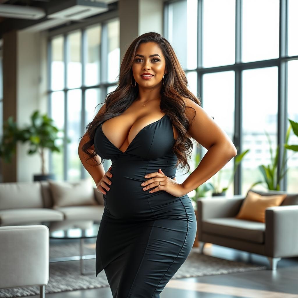 A curvy woman with big breasts is standing confidently in an office setting, wearing a sexy, form-fitting dress that accentuates her curves and features visible cleavage