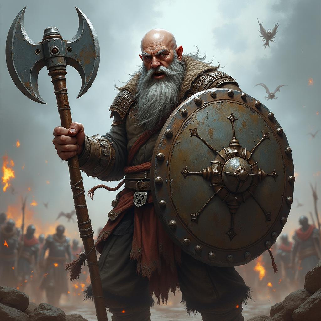 A detailed image of a snarling bald Dwarven war cleric, characterized by a distinguished grey braided beard that emphasizes his wisdom and battle-hardened experience