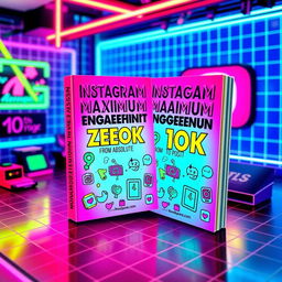 A vibrant 80s inspired scene featuring two book covers titled "Instagram Maximum Engagement FROM Absolute ZERO TO 10K"