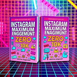 A vibrant 80s inspired scene featuring two book covers titled "Instagram Maximum Engagement FROM Absolute ZERO TO 10K"