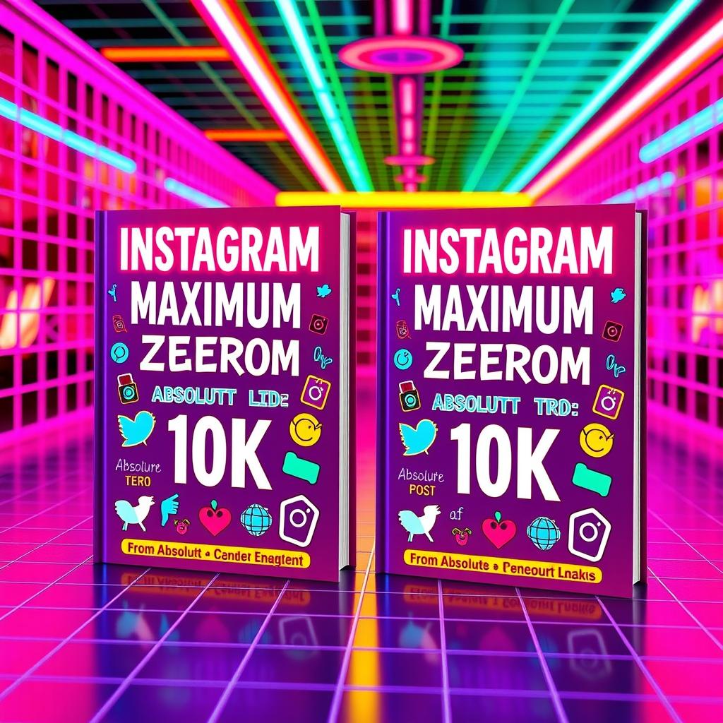 A vibrant 80s inspired scene featuring two book covers titled "Instagram Maximum Engagement FROM Absolute ZERO TO 10K"