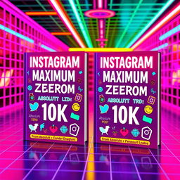 A vibrant 80s inspired scene featuring two book covers titled "Instagram Maximum Engagement FROM Absolute ZERO TO 10K"