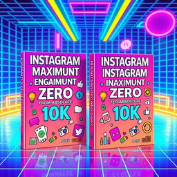 A vibrant 80s inspired scene featuring two book covers titled "Instagram Maximum Engagement FROM Absolute ZERO TO 10K"
