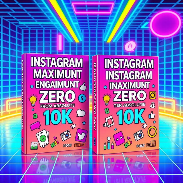 A vibrant 80s inspired scene featuring two book covers titled "Instagram Maximum Engagement FROM Absolute ZERO TO 10K"