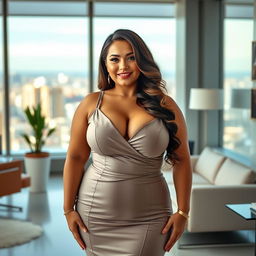 A curvy Spanish woman with big breasts, wearing a sexy dress that accentuates her cleavage