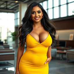 A curvy and beautiful Spanish woman with prominent features, showcasing her ample breasts and visible nipples as she wears a sexy, form-fitting yellow dress that highlights her cleavage
