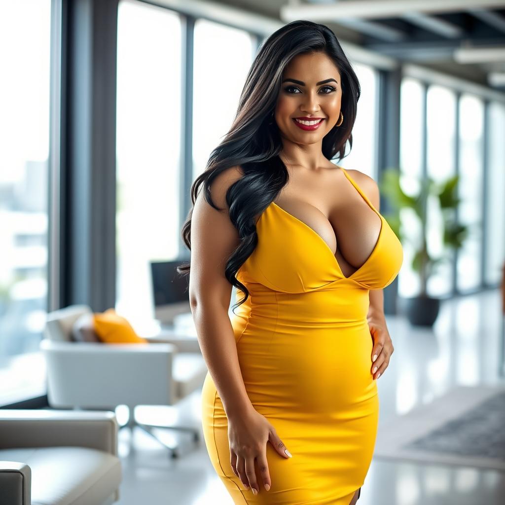 A curvy and beautiful Spanish woman with prominent features, showcasing her ample breasts and visible nipples as she wears a sexy, form-fitting yellow dress that highlights her cleavage