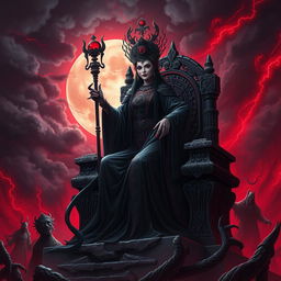 The Chinese Empress of Evil, resplendent in dark, flowing robes adorned with ancient symbols, stands majestically upon a throne made of obsidian stone, ruling over a hellish landscape