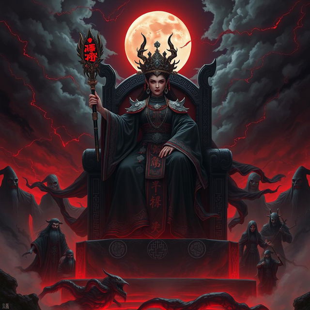 The Chinese Empress of Evil, resplendent in dark, flowing robes adorned with ancient symbols, stands majestically upon a throne made of obsidian stone, ruling over a hellish landscape