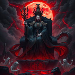 The Chinese Empress of Evil, resplendent in dark, flowing robes adorned with ancient symbols, stands majestically upon a throne made of obsidian stone, ruling over a hellish landscape