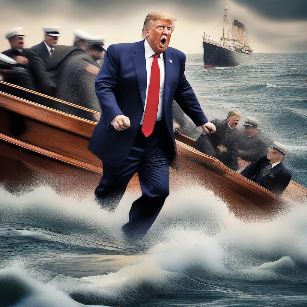 A high-quality digital art image depicting Donald Trump, in his trademark suit, pushing past passengers on the sinking Titanic to get to a lifeboat