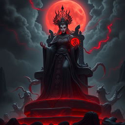 The Chinese Empress of Evil, resplendent in dark, flowing robes adorned with ancient symbols, stands majestically upon a throne made of obsidian stone, ruling over a hellish landscape