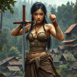 A realistic high-resolution image of a teenage Thai warrior girl standing confidently in a combat-ready pose, holding a sword