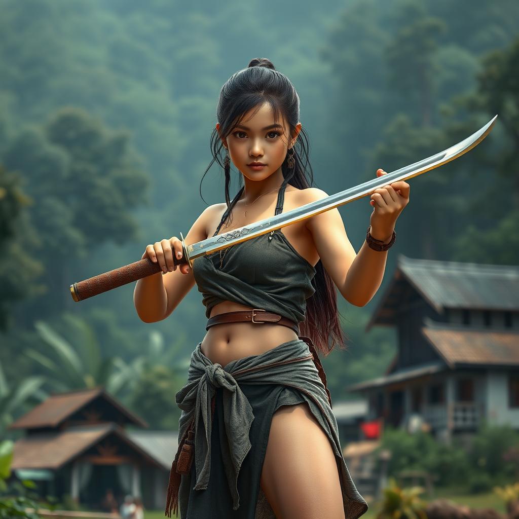 A realistic high-resolution image of a teenage Thai warrior girl standing confidently in a combat-ready pose, holding a sword