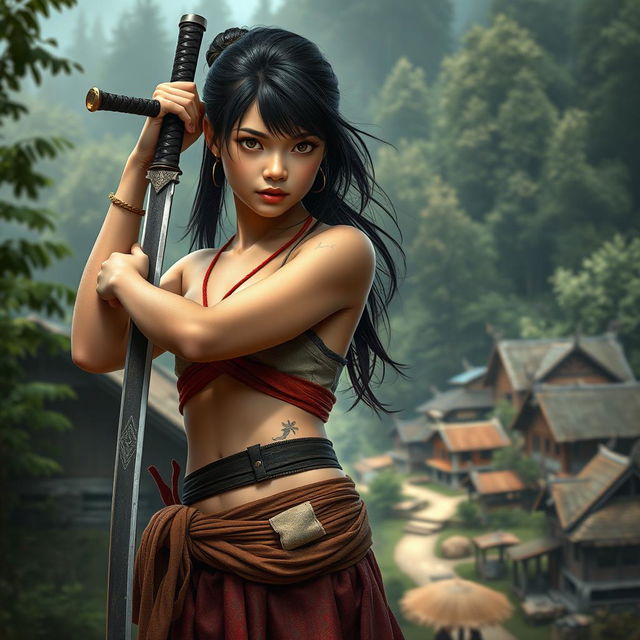 A realistic high-resolution image of a teenage Thai warrior girl standing confidently in a combat-ready pose, holding a sword