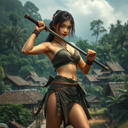 A realistic high-resolution image of a teenage Thai warrior girl standing confidently in a combat-ready pose, holding a sword