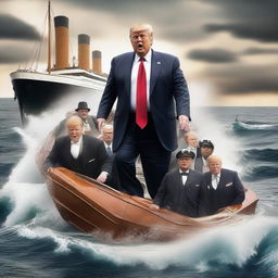 A high-quality digital art image depicting Donald Trump, in his trademark suit, pushing past passengers on the sinking Titanic to get to a lifeboat