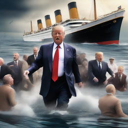 A high-quality digital art image depicting Donald Trump, in his trademark suit, pushing past passengers on the sinking Titanic to get to a lifeboat