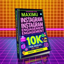 A vibrant book cover inspired by the 80s, featuring neon colors and grid patterns, exuding a futuristic and retro feel