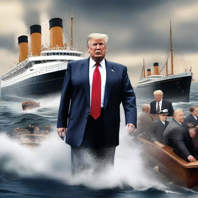 A high-quality digital art image depicting Donald Trump, in his trademark suit, pushing past passengers on the sinking Titanic to get to a lifeboat