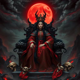 The Chinese Empress of Evil, a regal and powerful figure, adorned in intricate dark robes with red silk and gold accents, sitting on a throne made of bones and demonic faces