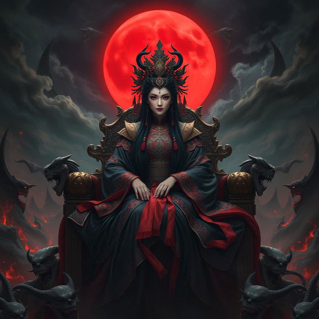 The Chinese Empress of Evil, a regal and powerful figure, adorned in intricate dark robes with red silk and gold accents, sitting on a throne made of bones and demonic faces