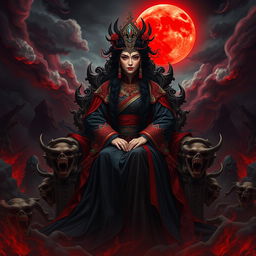 The Chinese Empress of Evil, a regal and powerful figure, adorned in intricate dark robes with red silk and gold accents, sitting on a throne made of bones and demonic faces