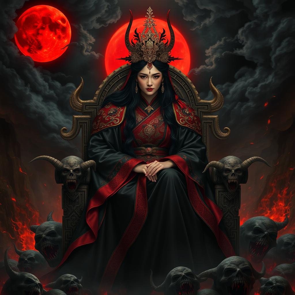 The Chinese Empress of Evil, a regal and powerful figure, adorned in intricate dark robes with red silk and gold accents, sitting on a throne made of bones and demonic faces