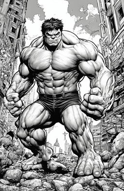 A high-quality, intricate coloring page featuring the Marvel character, the Incredible Hulk, drawn in the detailed and whimsical style of Peta Hewitt