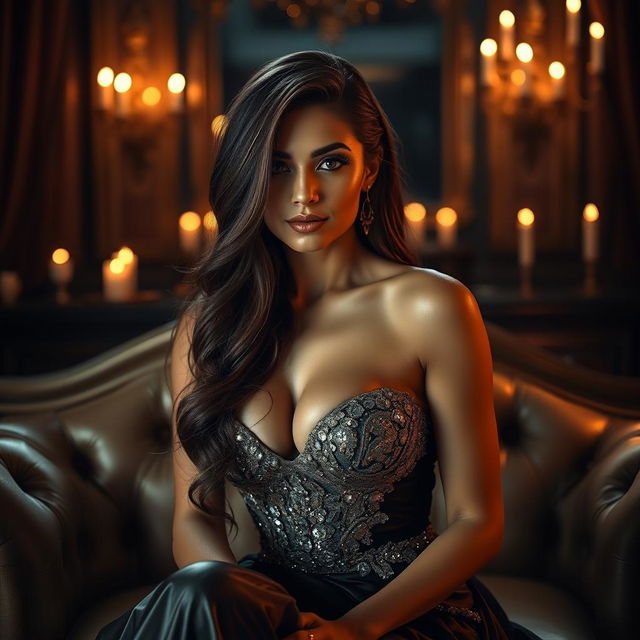 A seductive woman in a glamorous evening gown, elegantly draped over a lavish sofa in a luxurious setting filled with soft candlelight