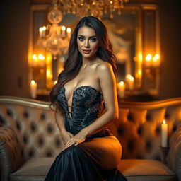 A seductive woman in a glamorous evening gown, elegantly draped over a lavish sofa in a luxurious setting filled with soft candlelight