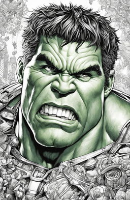 A high-quality, intricate coloring page featuring the Marvel character, the Incredible Hulk, drawn in the detailed and whimsical style of Peta Hewitt